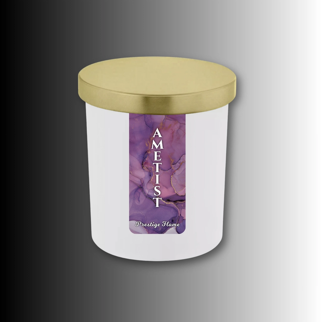 Lumânare parfumată Prestige Flame - Ametist - Monolith Collection - 280g - recipient alb mat cu capac auriu A1