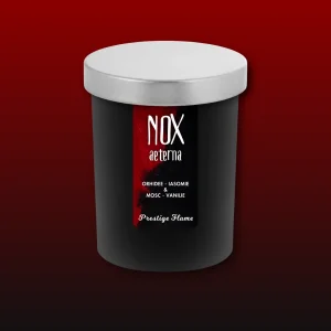 Lumânare parfumată Prestige Flame - NOX aeterna Collection - Orhidee Iasomie Mosc Vanilie - 180g - recipient negru mat cu capac argintiu N2