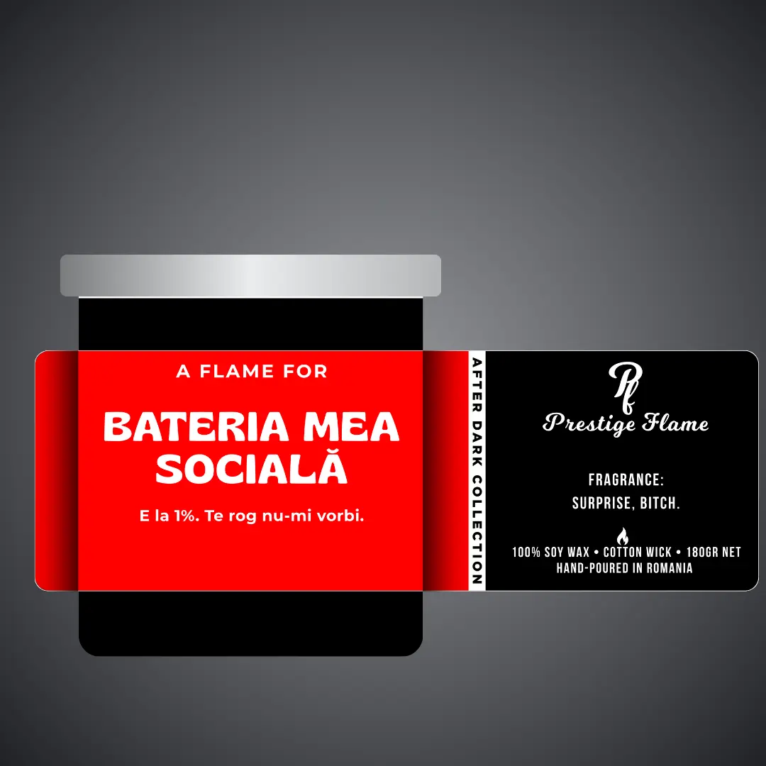 Lumânare parfumată Prestige Flame - Bateria mea socială - After Dark Collection - 180g - recipient negru mat cu capac argintiu
