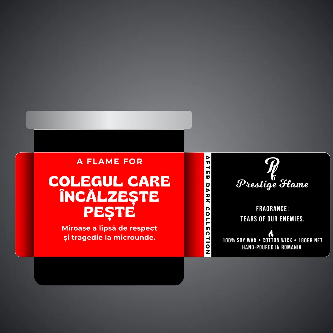 Lumânare parfumată Prestige Flame - Colegul care încălzește pește - After Dark Collection - 180g - recipient negru mat cu capac argintiu
