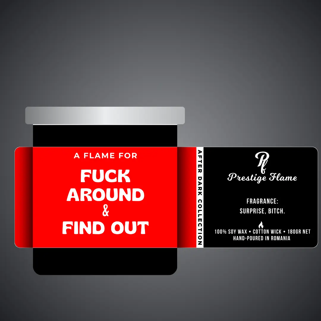 Lumânare parfumată Prestige Flame - Fuck around & Find out - After Dark Collection - 180g - recipient negru mat cu capac argintiu