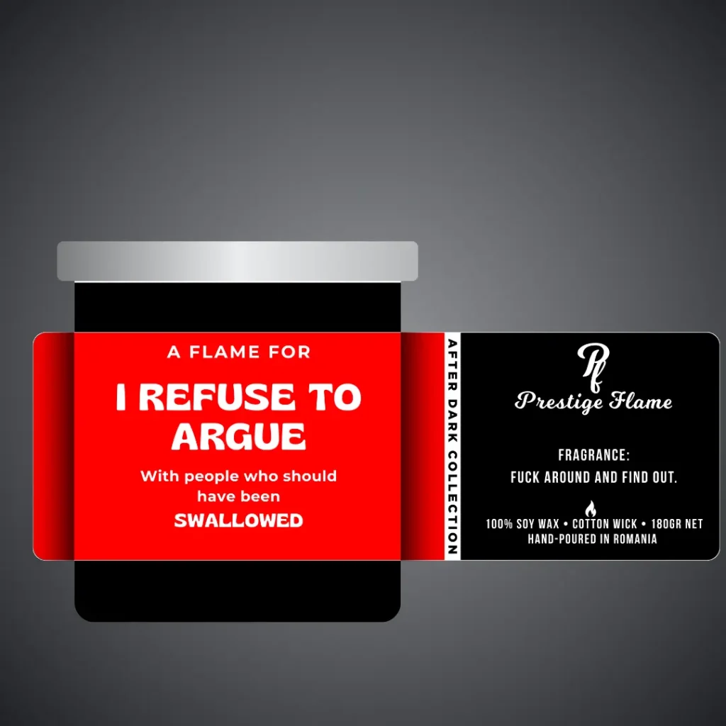 Lumânare parfumată Prestige Flame - I refuse to argue - After Dark Collection - 180g - recipient negru mat cu capac argintiu