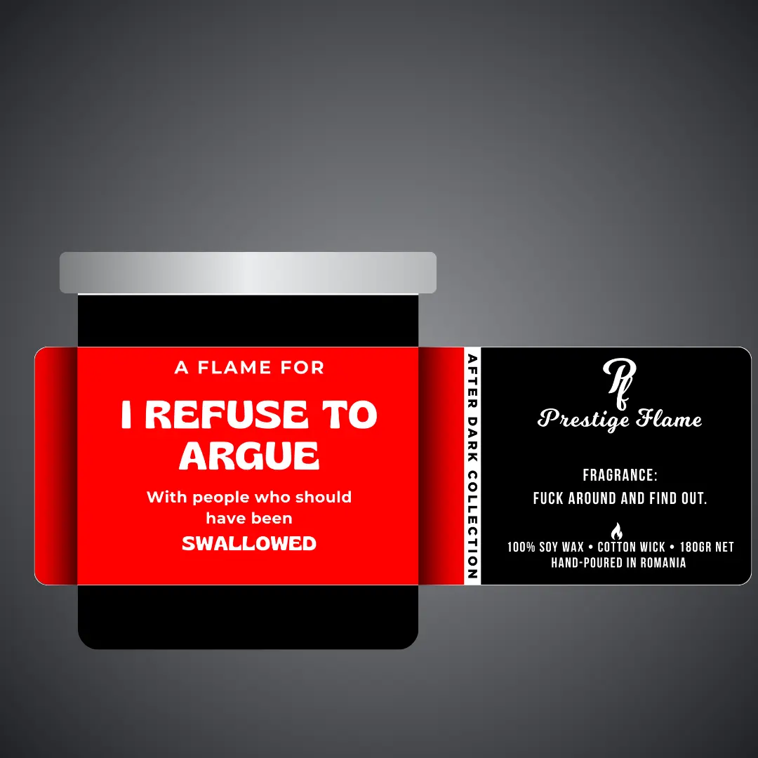 Lumânare parfumată Prestige Flame - I refuse to argue - After Dark Collection - 180g - recipient negru mat cu capac argintiu