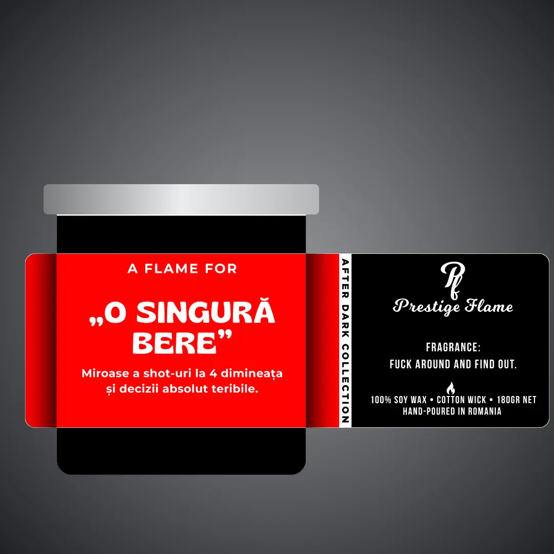 Lumânare parfumată Prestige Flame - O singură bere - After Dark Collection - 180g - recipient negru mat cu capac argintiu