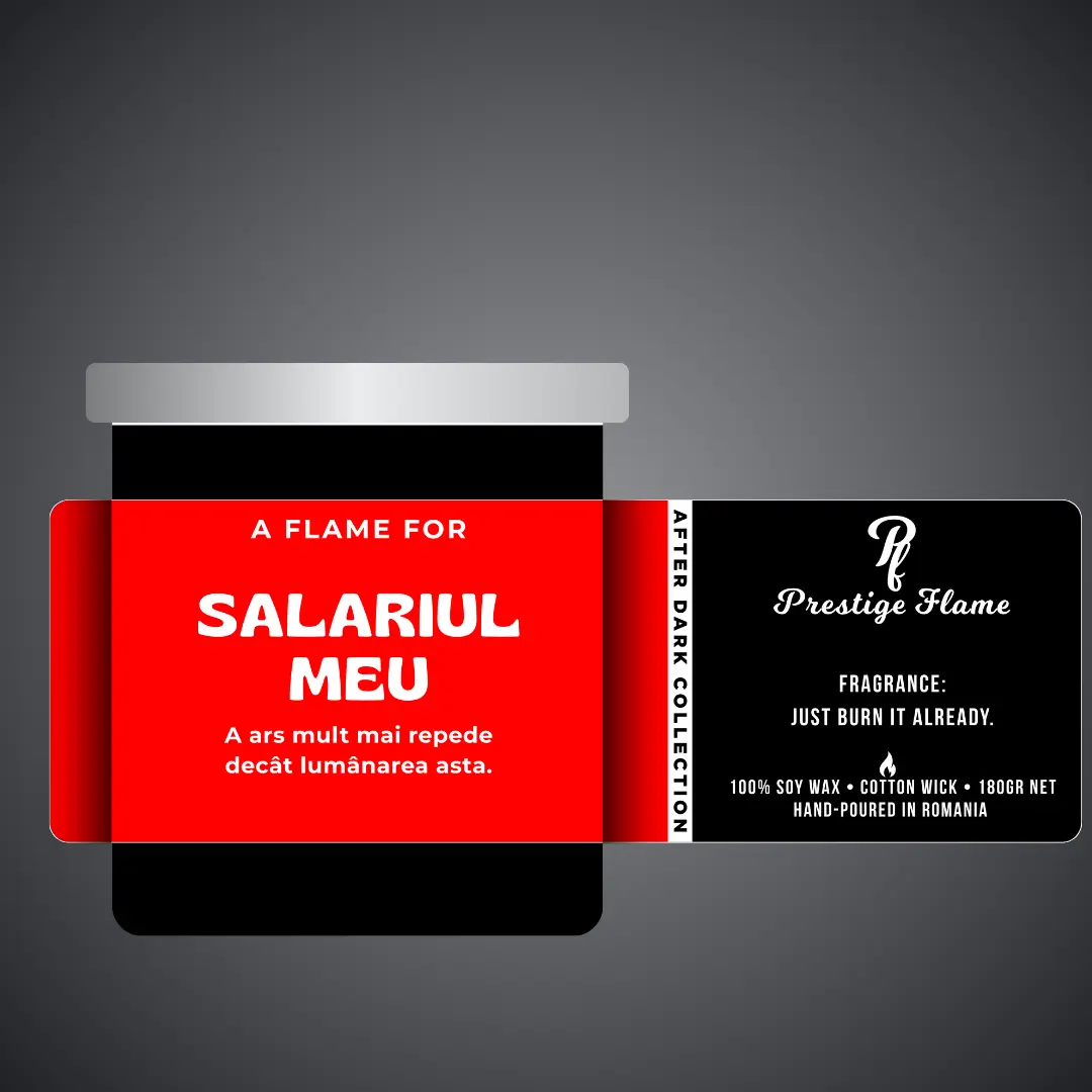 Lumânare parfumată Prestige Flame - Salariul meu - After Dark Collection - 180g - recipient negru mat cu capac argintiu