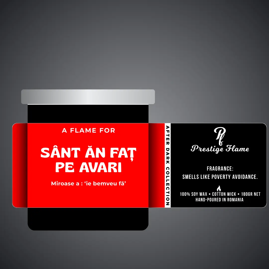 Lumânare parfumată Prestige Flame - Sânt ăn faț pe avari - After Dark Collection - 180g - recipient negru mat cu capac argintiu