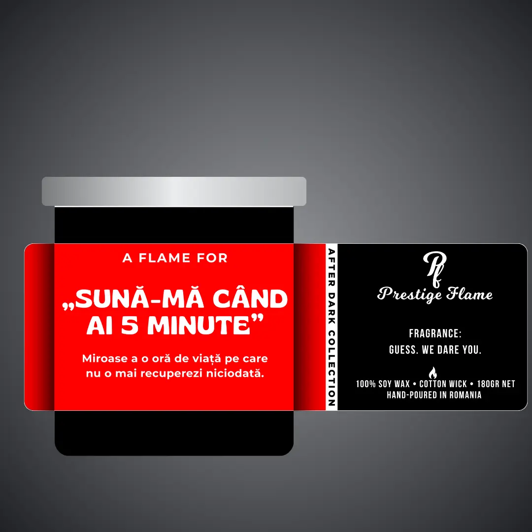 Lumânare parfumată Prestige Flame - Sună-mă când ai 5 minute - After Dark Collection - 180g - recipient negru mat cu capac argintiu