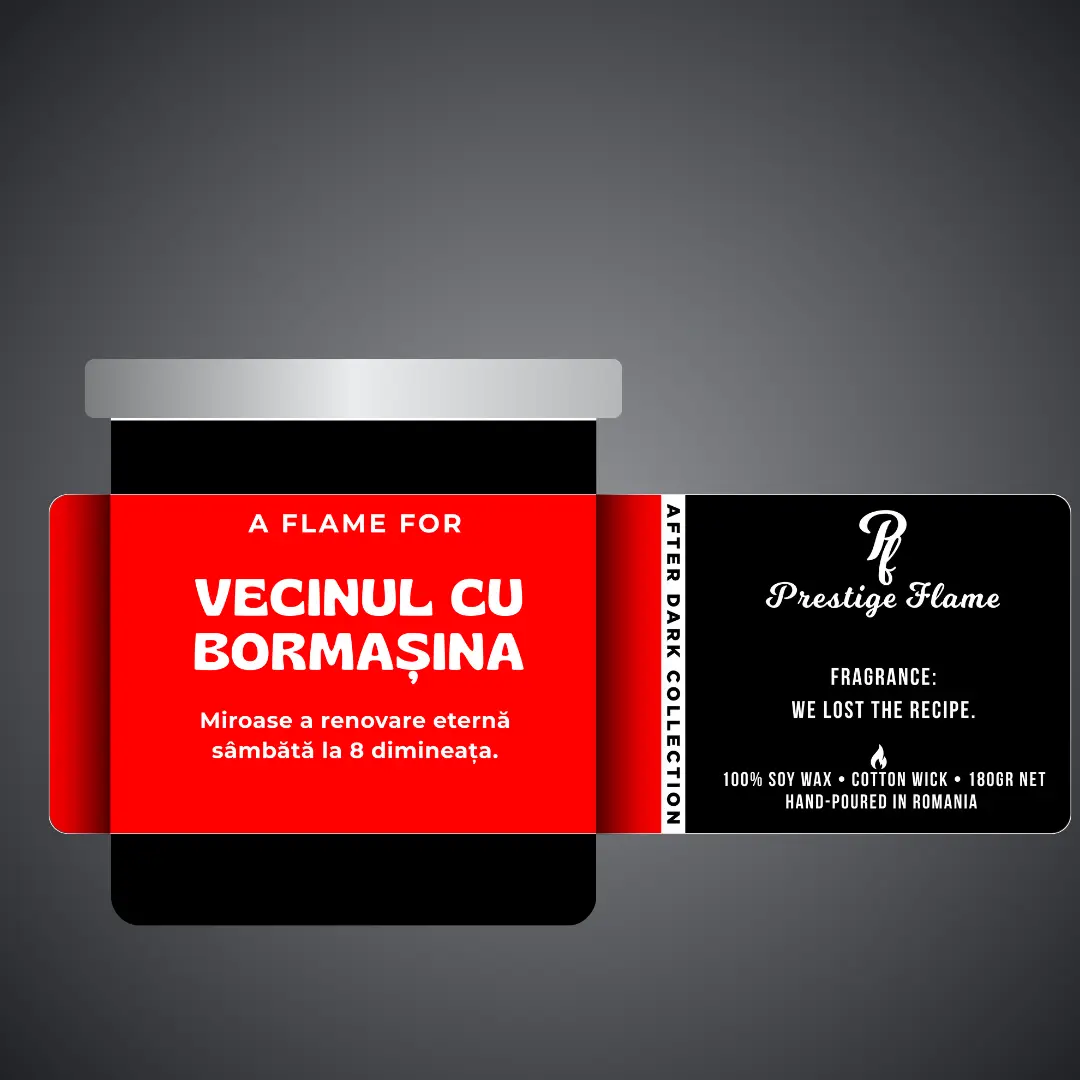 Lumânare parfumată Prestige Flame - Vecinul cu bormașina - After Dark Collection - 180g - recipient negru mat cu capac argintiu
