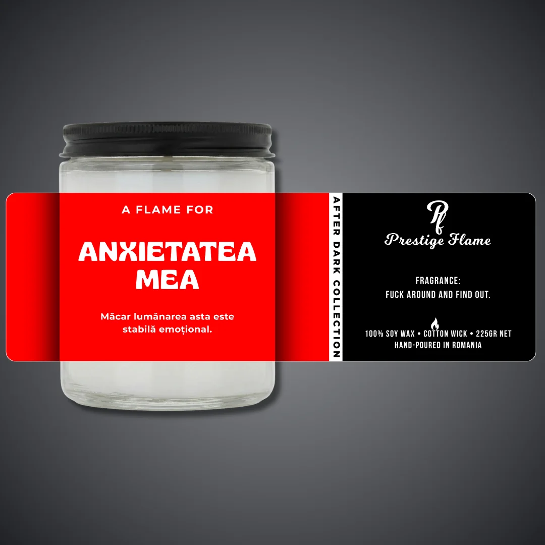 Lumânare parfumată Prestige Flame - Anxietatea Mea - After Dark Collection - 225g - recipient transparent cu capac negru