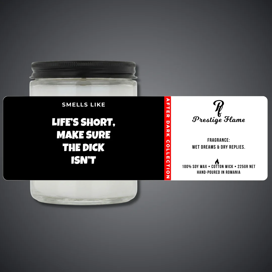 Lumânare parfumată Prestige Flame - LIFE'S SHORT - After Dark Collection - 225g - recipient transparent cu capac negru