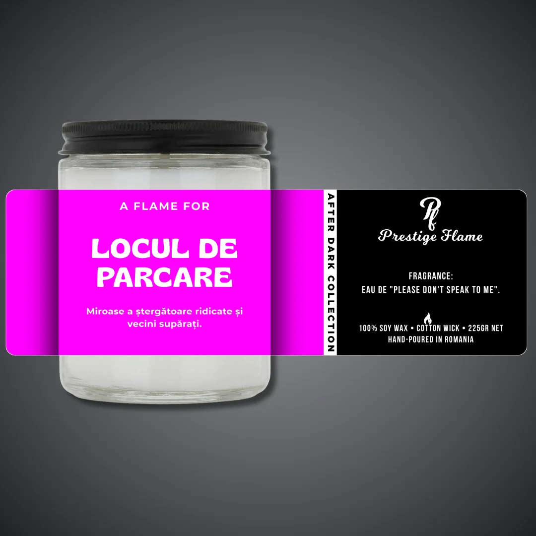 Lumânare parfumată Prestige Flame - Locul de parcare - After Dark Collection - 225g - recipient transparent cu capac negru