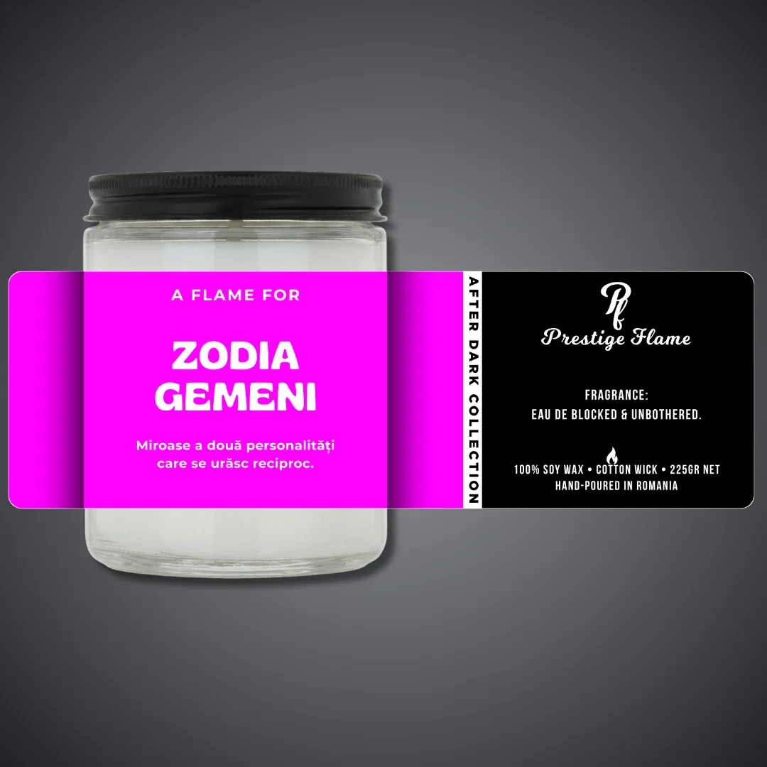 Lumânare parfumată Prestige Flame - Zodia Gemeni - After Dark Collection - 225g - recipient transparent cu capac negru