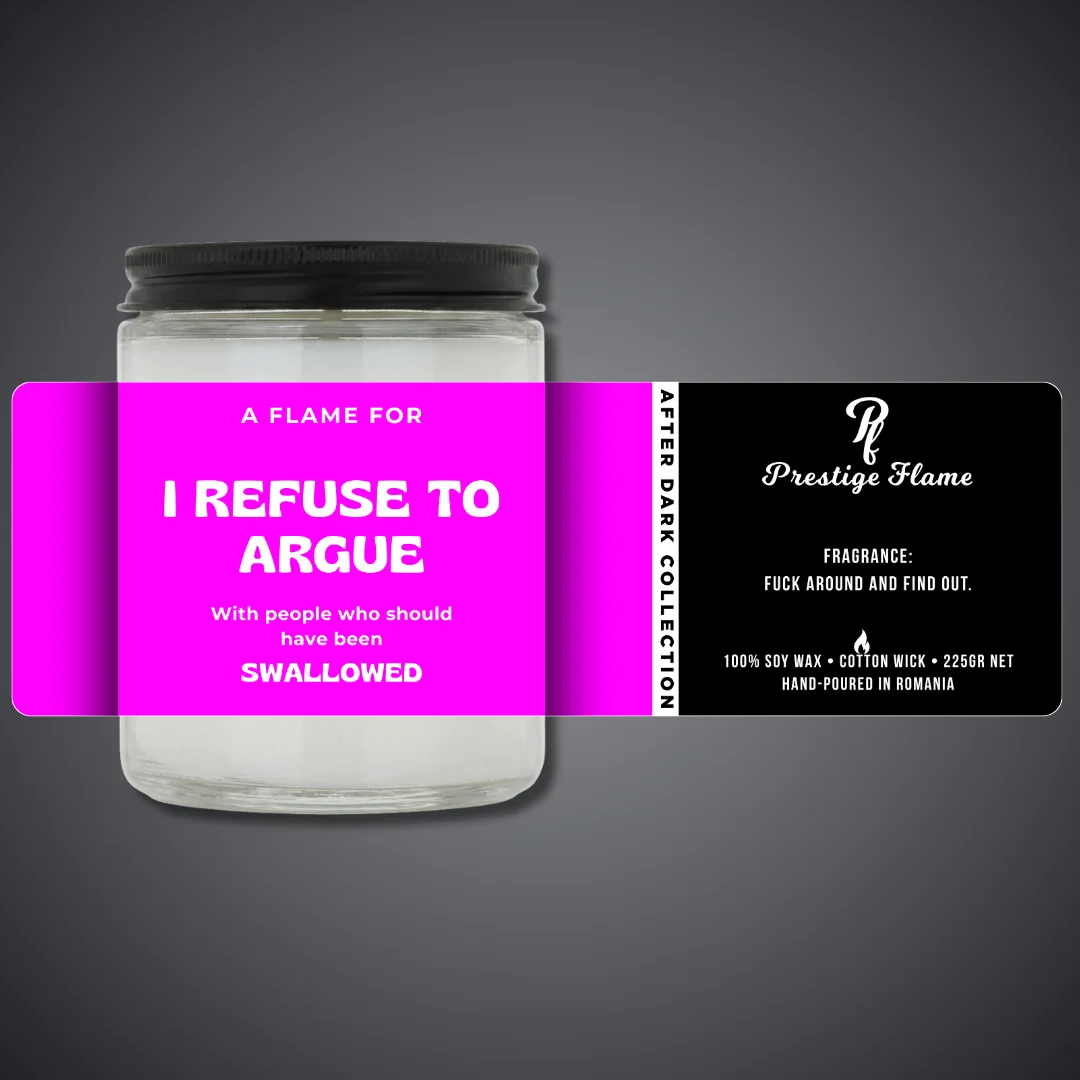 Lumânare parfumată Prestige Flame - I refuse to argue - After Dark Collection - 225g - recipient transparent cu capac negru