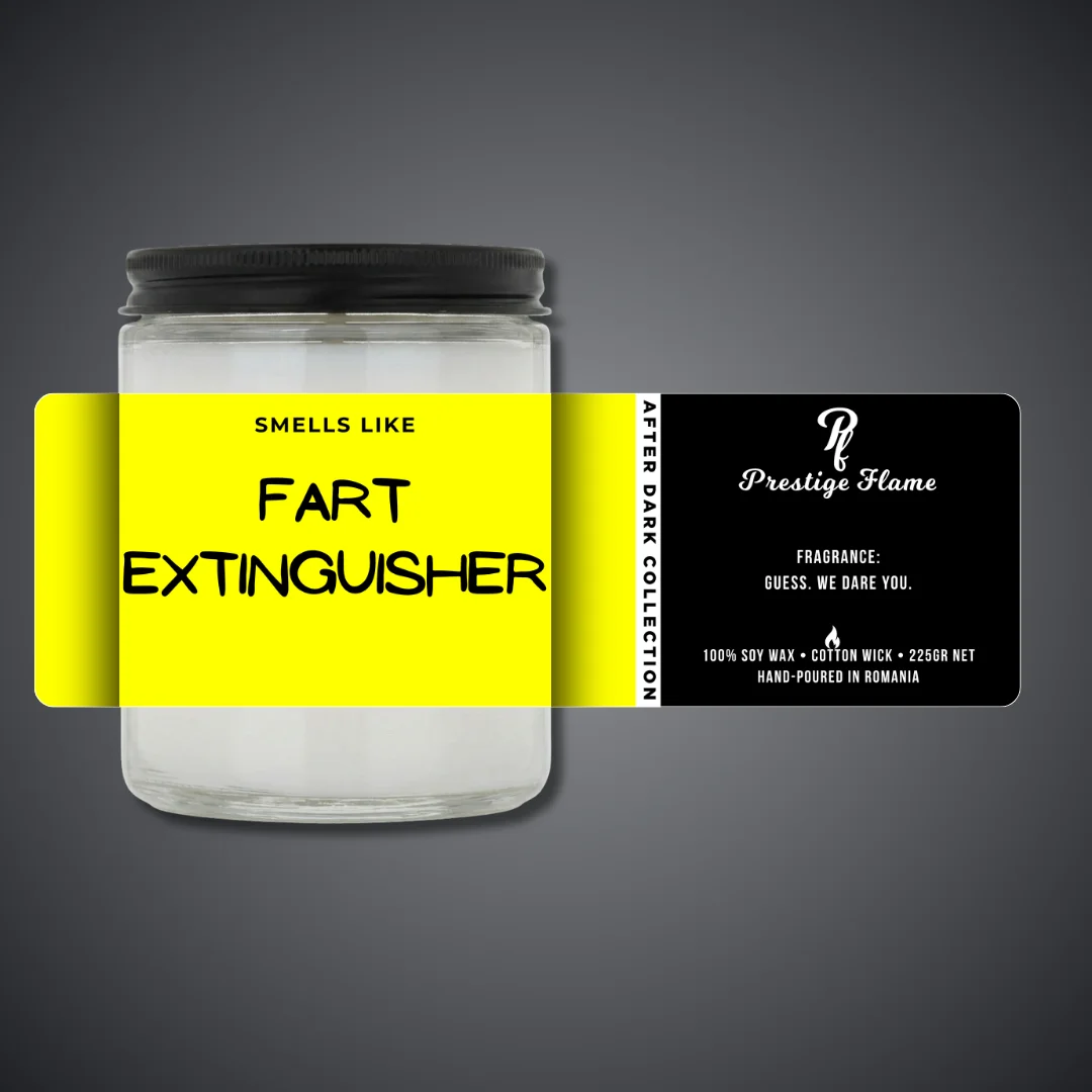 Lumânare parfumată Prestige Flame - FART EXTINGUISHER - After Dark Collection - 225g - recipient transparent cu capac negru