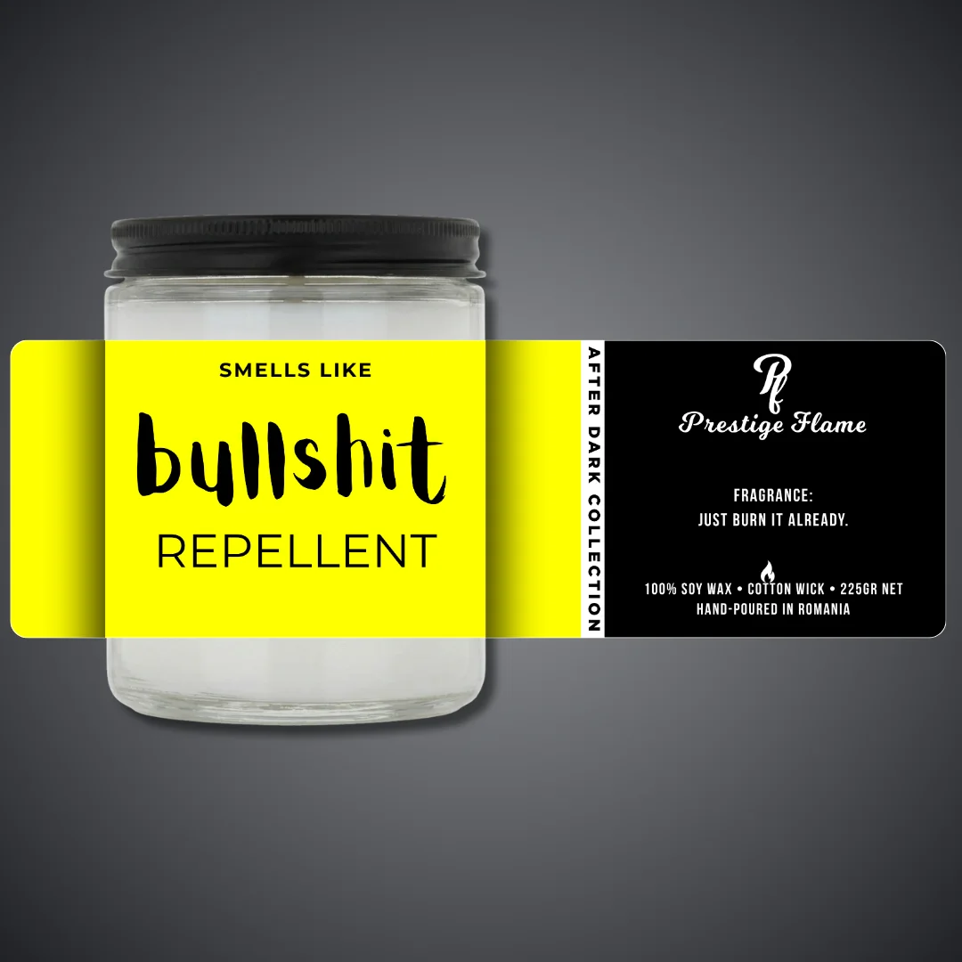 Lumânare parfumată Prestige Flame - BULLSHIT REPELLENT - After Dark Collection - 225g - recipient transparent cu capac negru