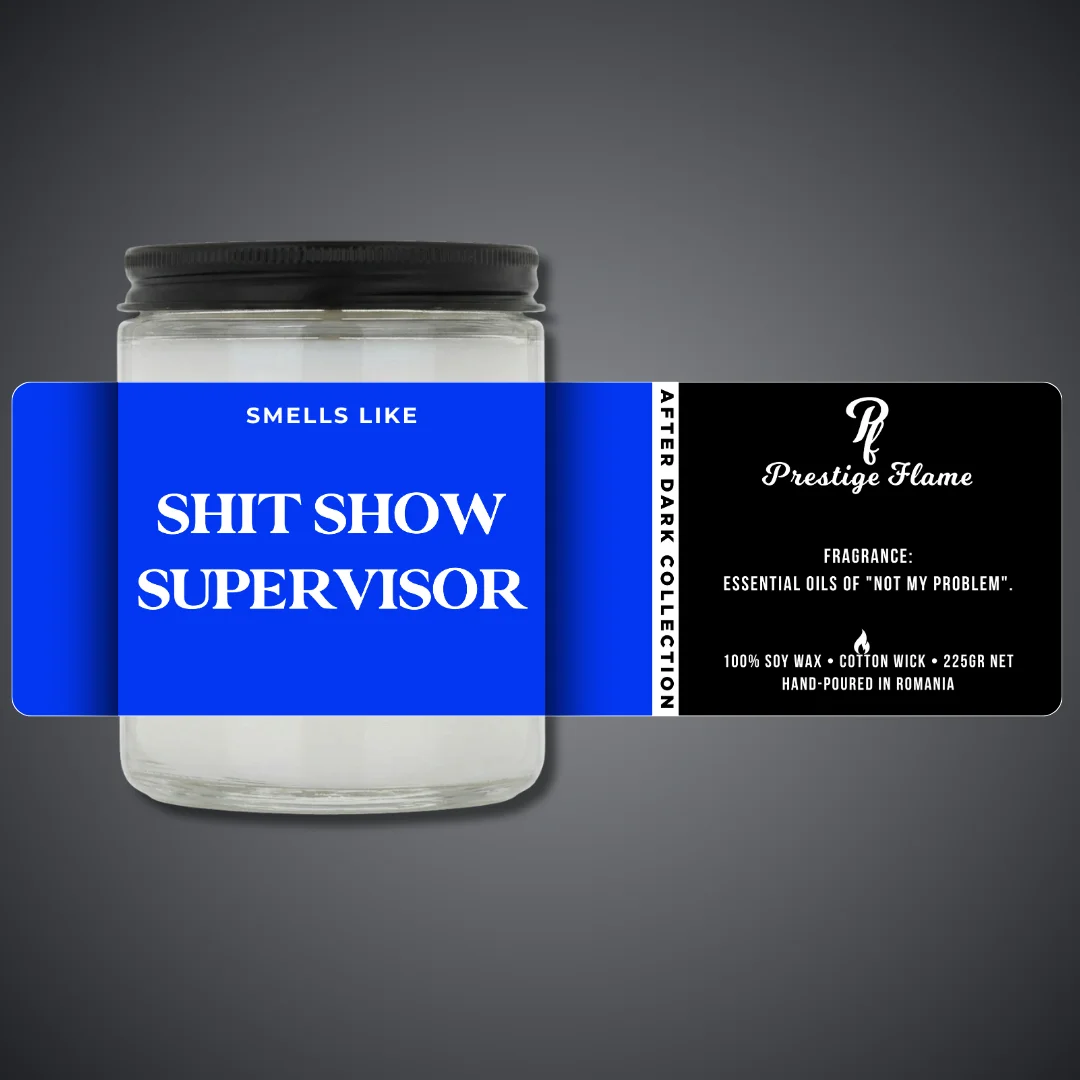 Lumânare parfumată Prestige Flame - SHIT SHOW SUPERVISOR - After Dark Collection - 225g - recipient transparent cu capac negru