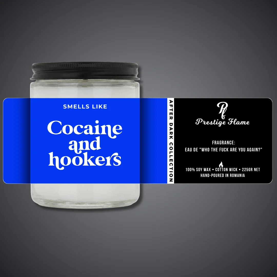 Lumânare parfumată Prestige Flame - CO*AINE AND HOOKERS - After Dark Collection - 225g - recipient transparent cu capac negru