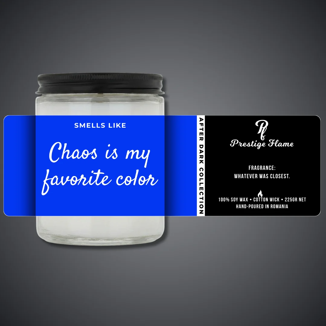 Lumânare parfumată Prestige Flame - CHAOS IS MY - After Dark Collection - 225g - recipient transparent cu capac negru
