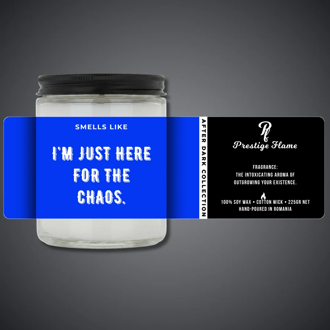 Lumânare parfumată Prestige Flame - I'M JUST HERE - After Dark Collection - 225g - recipient transparent cu capac negru