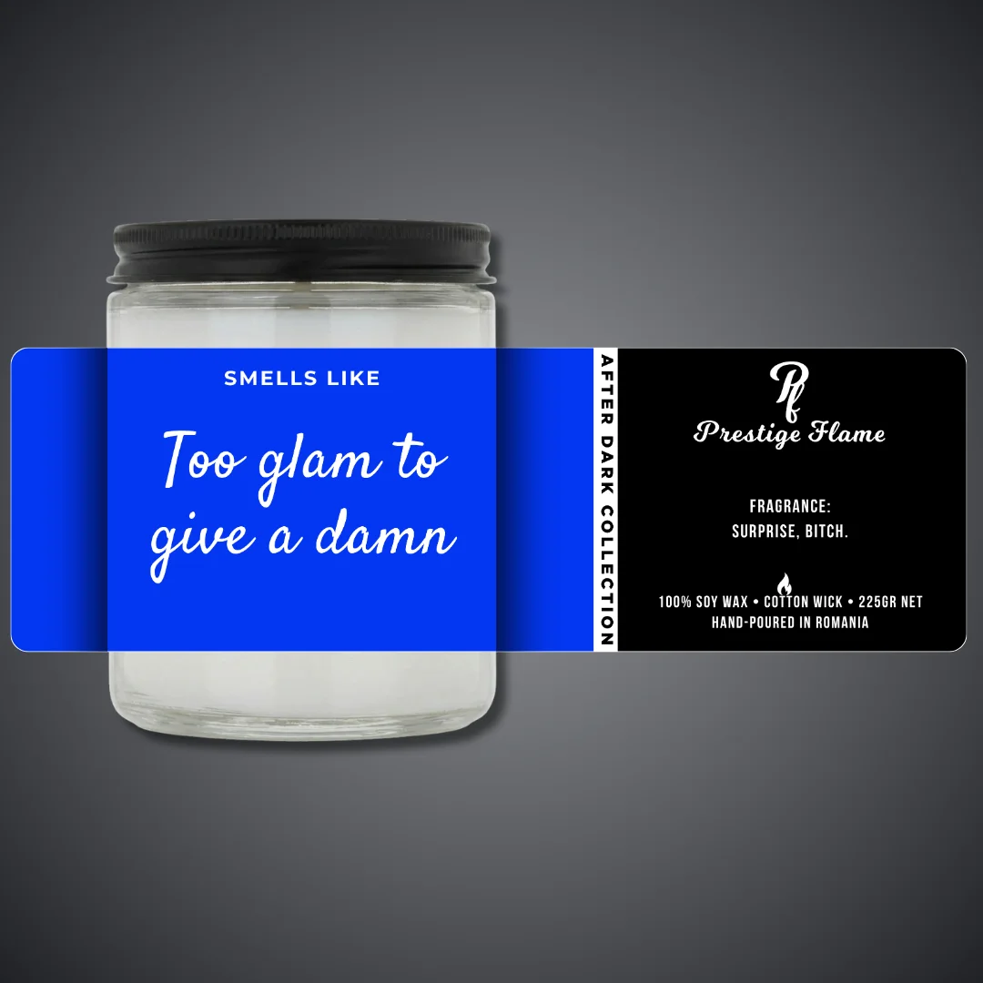 Lumânare parfumată Prestige Flame - TOO GLAM TO GIVE A DAMN - After Dark Collection - 225g - recipient transparent cu capac negru