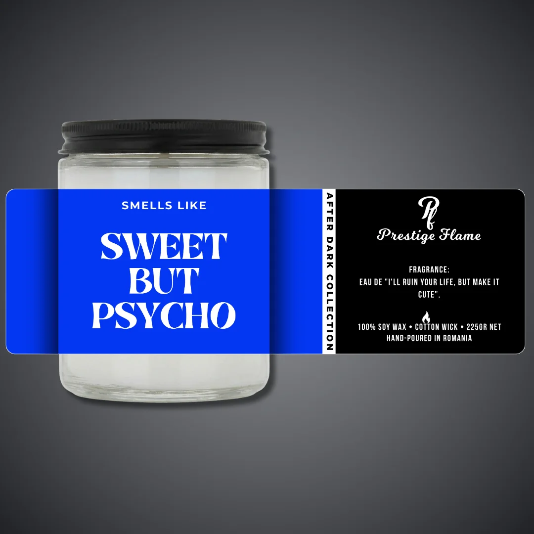 Lumânare parfumată Prestige Flame - SWEET BUT PSYCHO - After Dark Collection - 225g - recipient transparent cu capac negru
