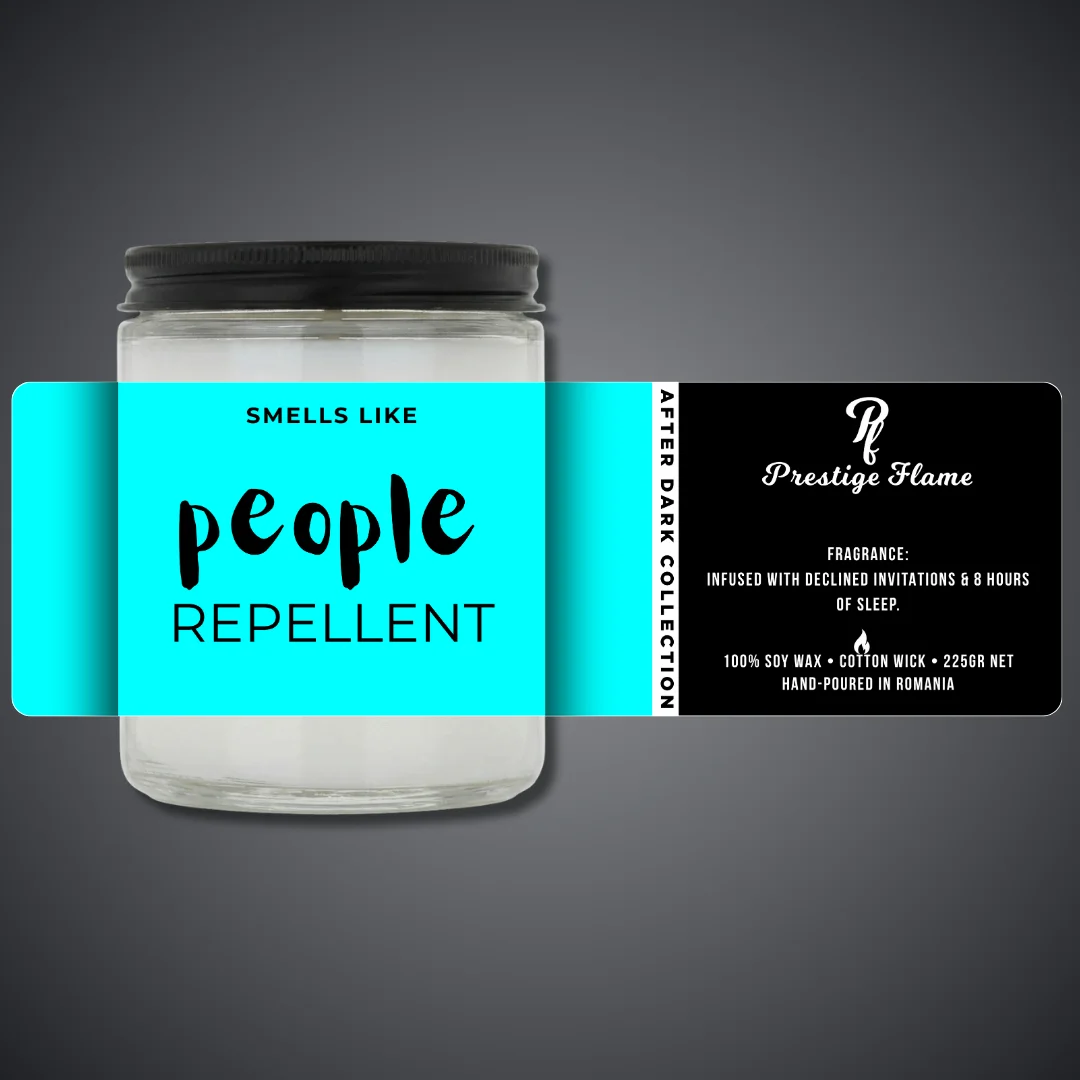 Lumânare parfumată Prestige Flame - PEOPLE REPELLENT - After Dark Collection - 225g - recipient transparent cu capac negru