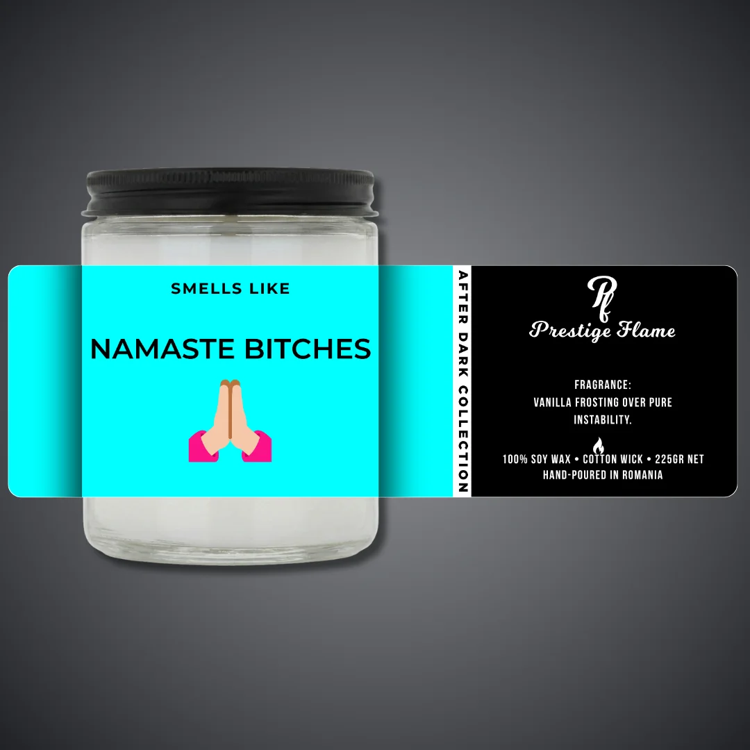 Lumânare parfumată Prestige Flame - NAMASTE BITCHES - After Dark Collection - 225g - recipient transparent cu capac negru