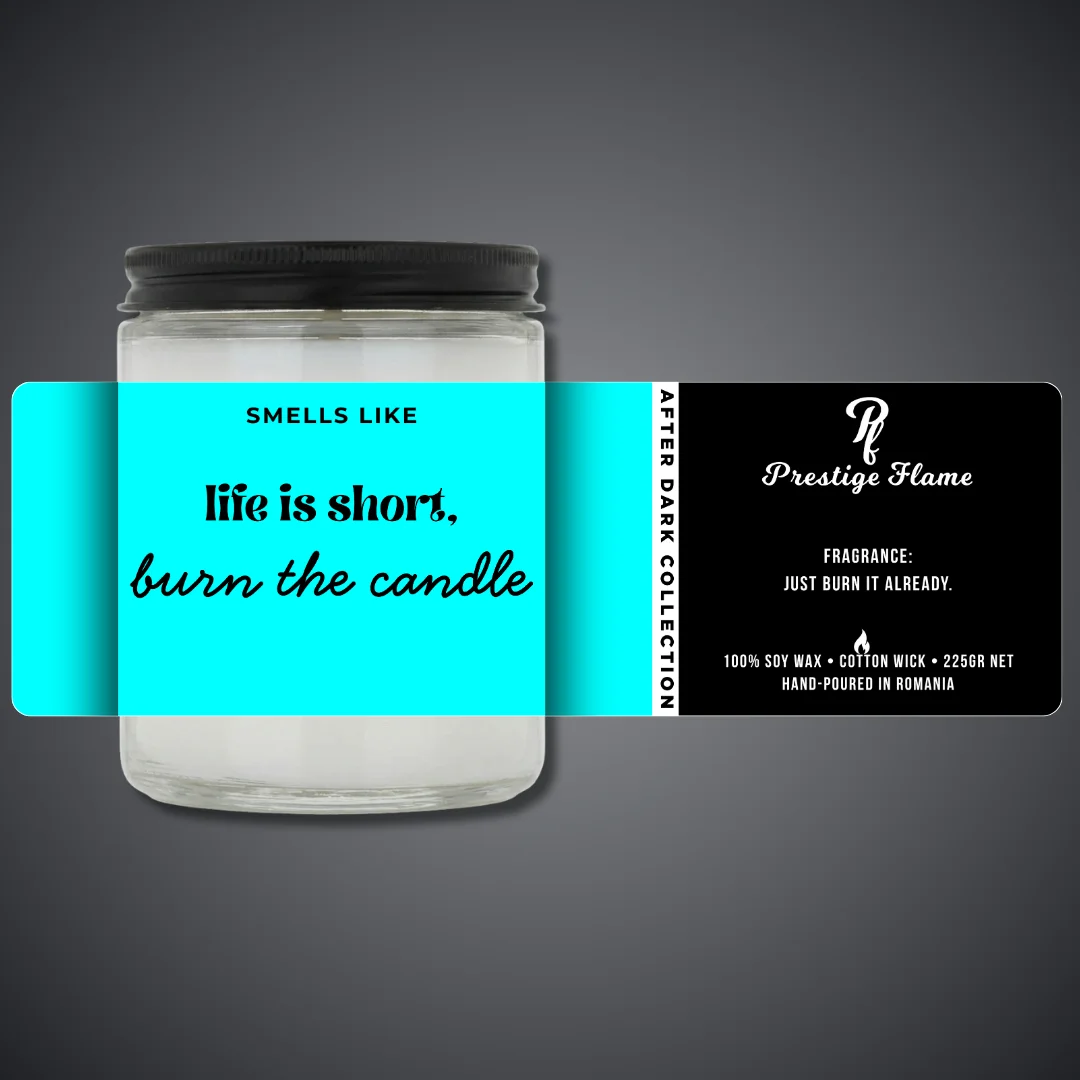 Lumânare parfumată Prestige Flame - LIFE IS SHORT - After Dark Collection - 225g - recipient transparent cu capac negru