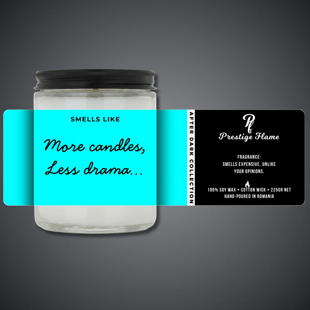 Lumânare parfumată Prestige Flame - MORE CANDLES - After Dark Collection - 225g - recipient transparent cu capac negru
