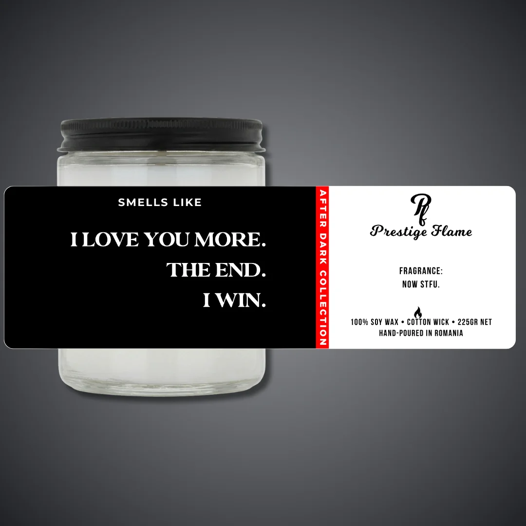 Lumânare parfumată Prestige Flame - I LOVE YOU MORE - After Dark Collection - 225g - recipient transparent cu capac negru
