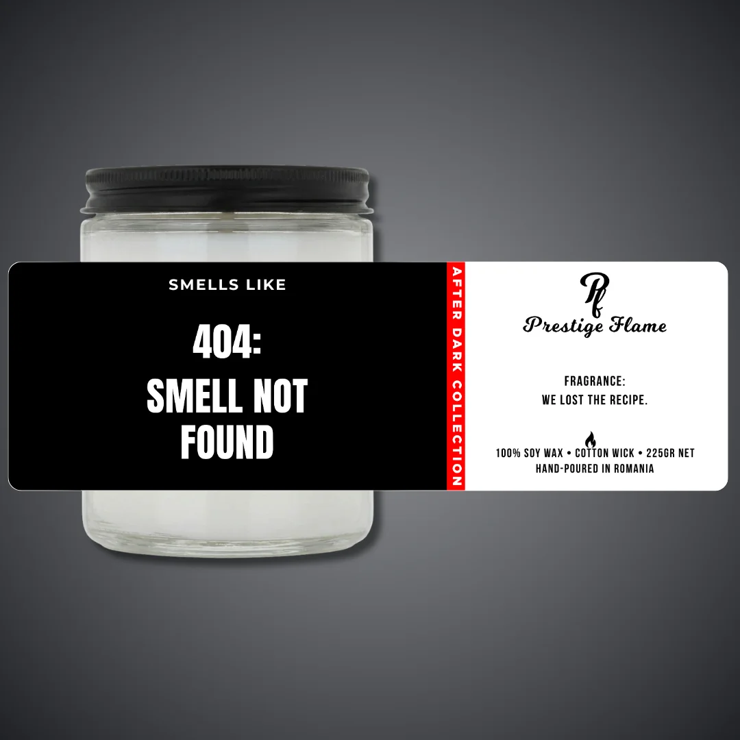 Lumânare parfumată Prestige Flame - 404: SMELL NOT FOUND - After Dark Collection - 225g - recipient transparent cu capac negru