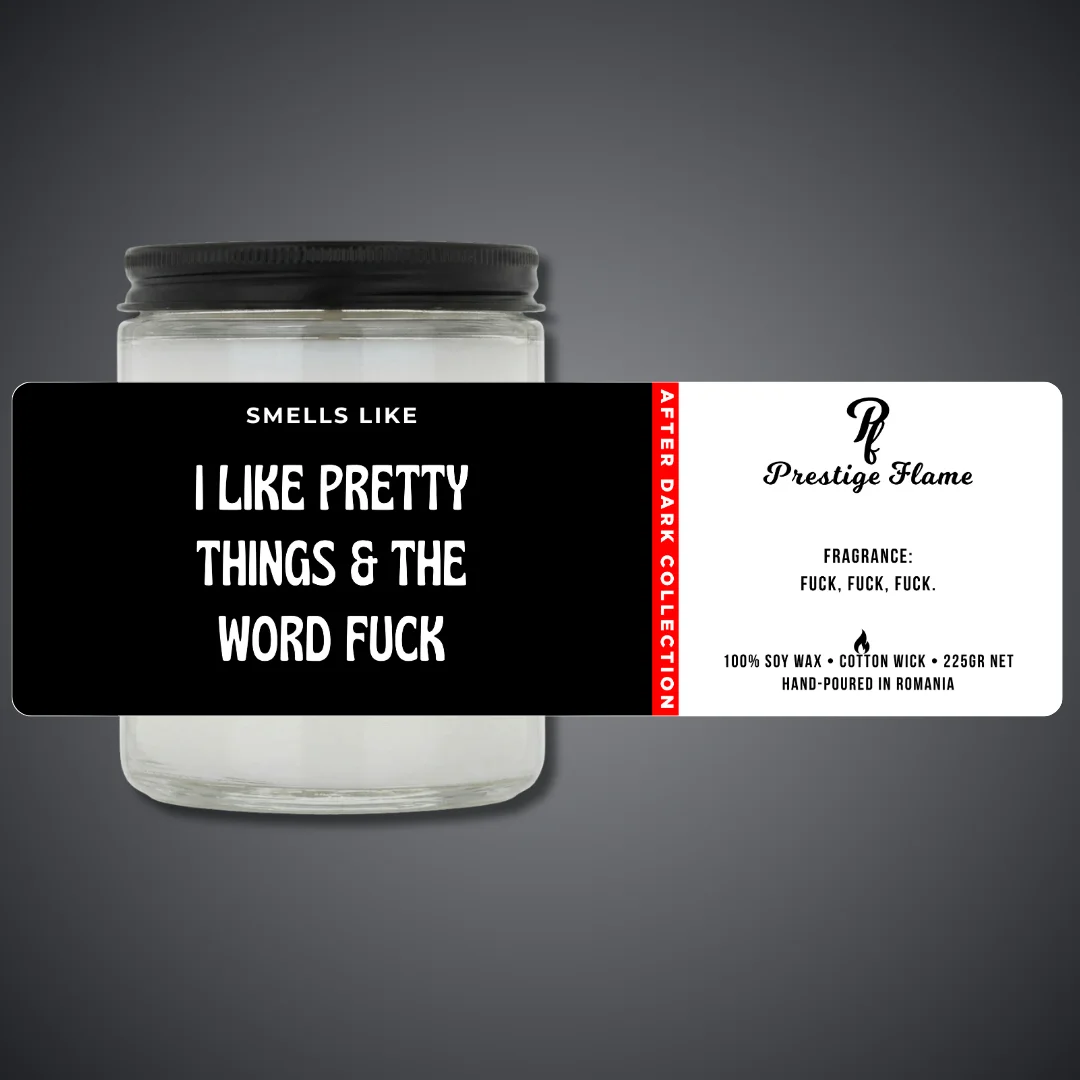 Lumânare parfumată Prestige Flame - I LIKE PRETTY THINGS - After Dark Collection - 225g - recipient transparent cu capac negru