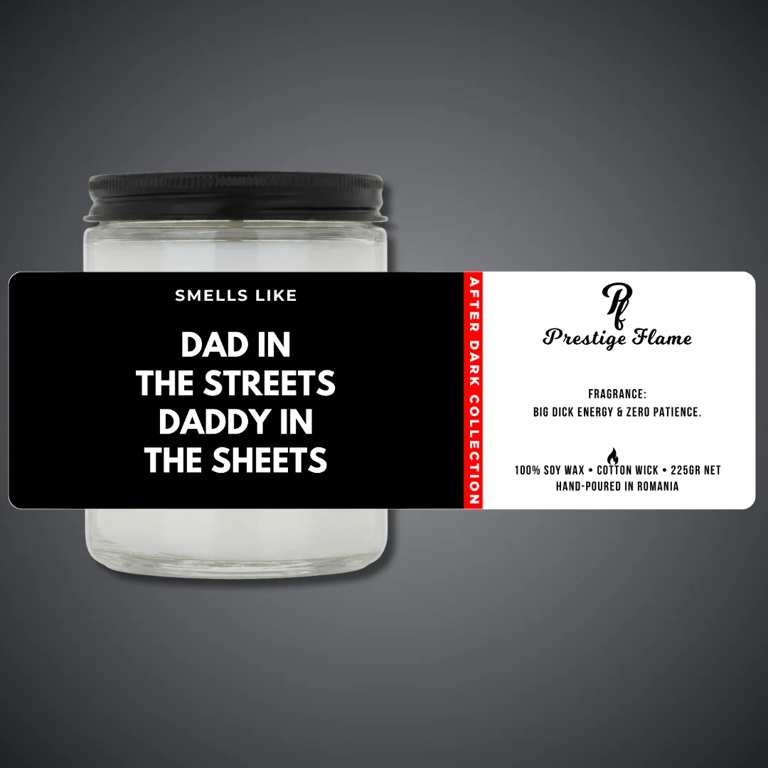 Lumânare parfumată Prestige Flame - DAD IN THE STREETS - After Dark Collection - 225g - recipient transparent cu capac negru